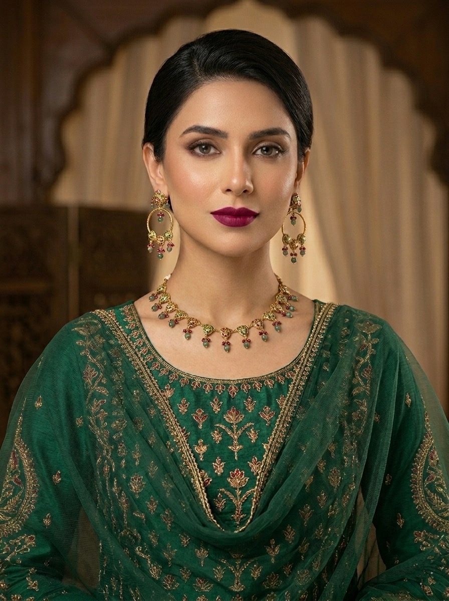 Nimrat necklace set(pink and green)