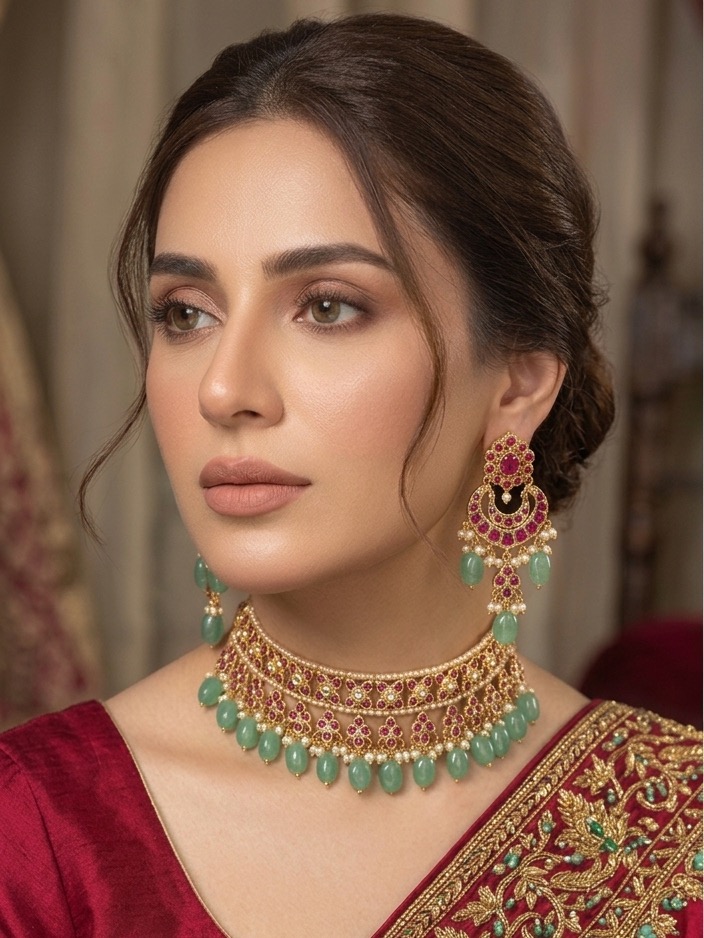 Shamiya choker set(ruby & light green)